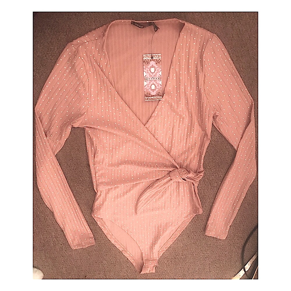 NEW Polka Dot Rib Long Sleeve Tie Front Bodysuit S